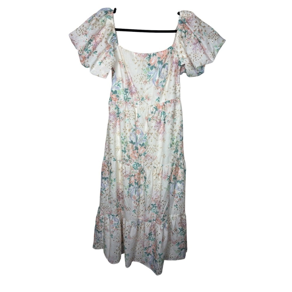 One Loved Babe Tiered Floral Eyelet MIDI Dress Cottagecore Size L Romantic Lined